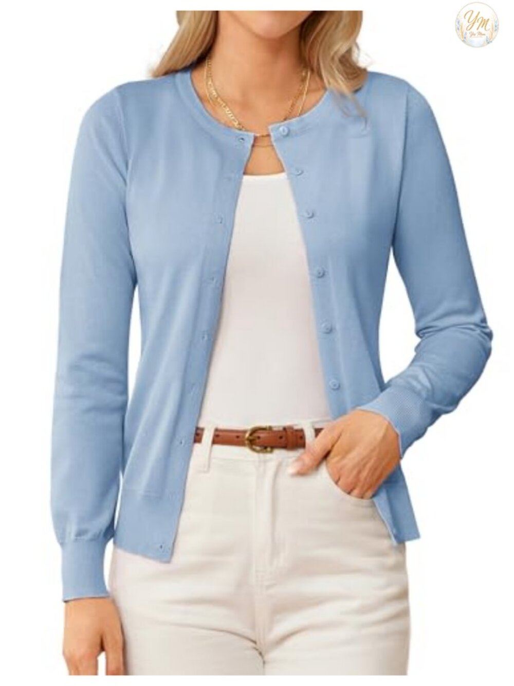 Knit Button Down Cardigan Lightweight Crew Neck Long Sleeve Slim Fit